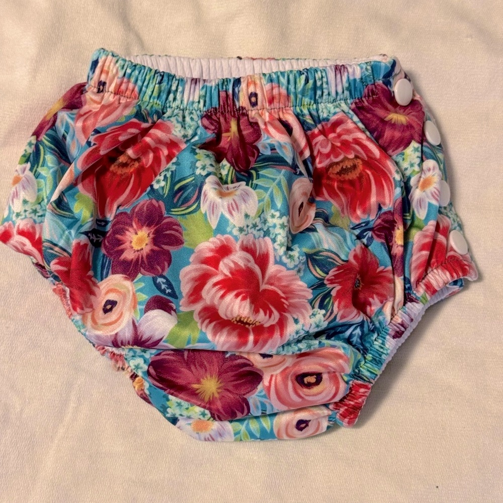 Red and Pink Swim Diaper with Floral Pattern